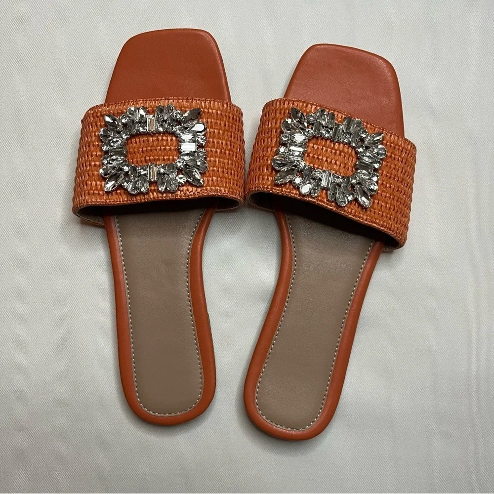 Amazon LVOMU Rhinestone Orange Weave Square Toe Flat Slide Sandals Size EU 38